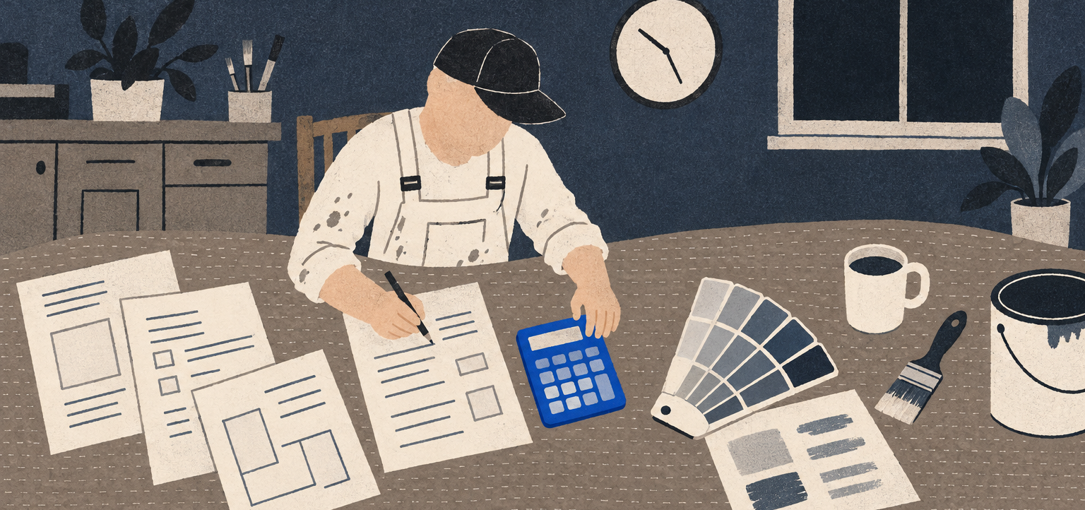 A painter works out an estimate at the kitchen table at night with papers, a blue calculator, a paint fan deck and a mug