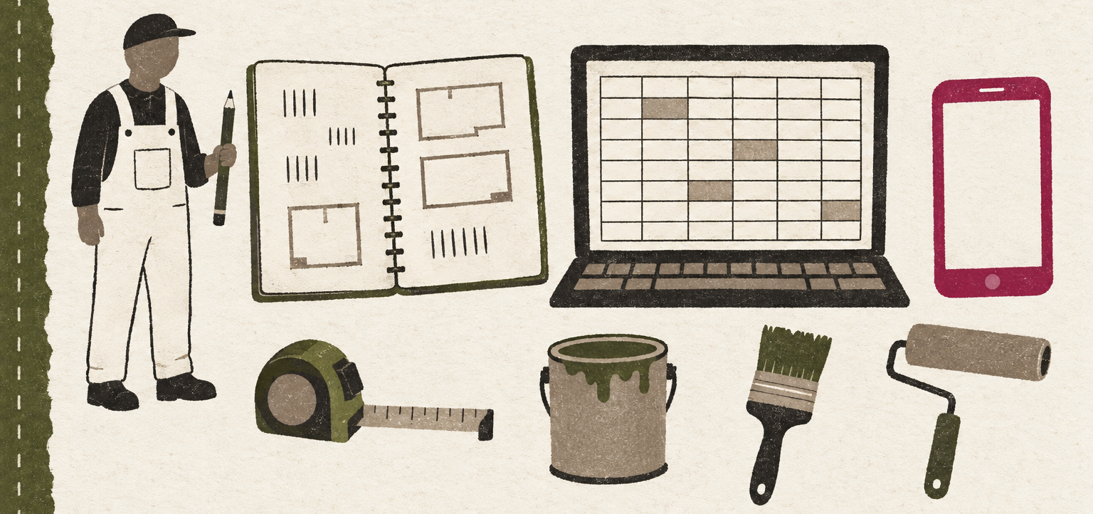 A painter beside a notebook, a laptop spreadsheet and a phone, with a tape measure, paint can, brush and roller