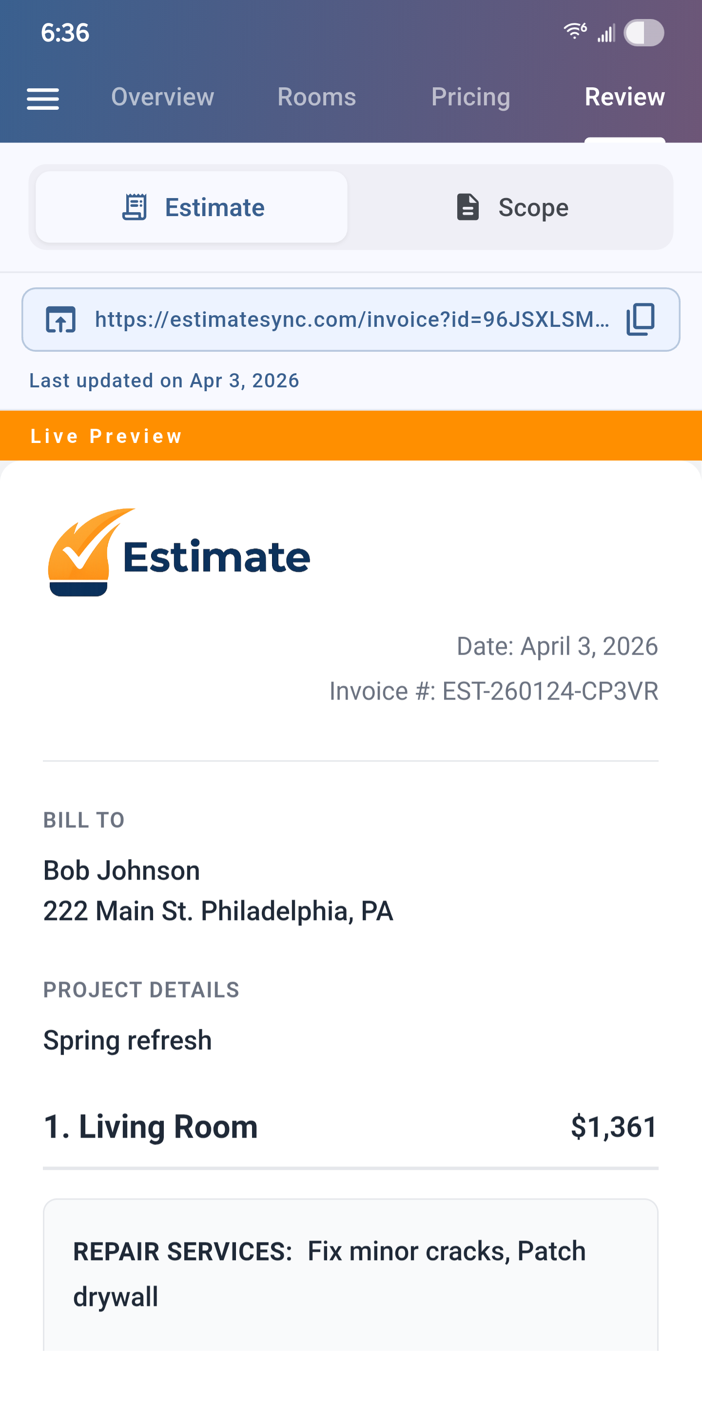 EstimateSync app screenshot showing paint estimate calculator
