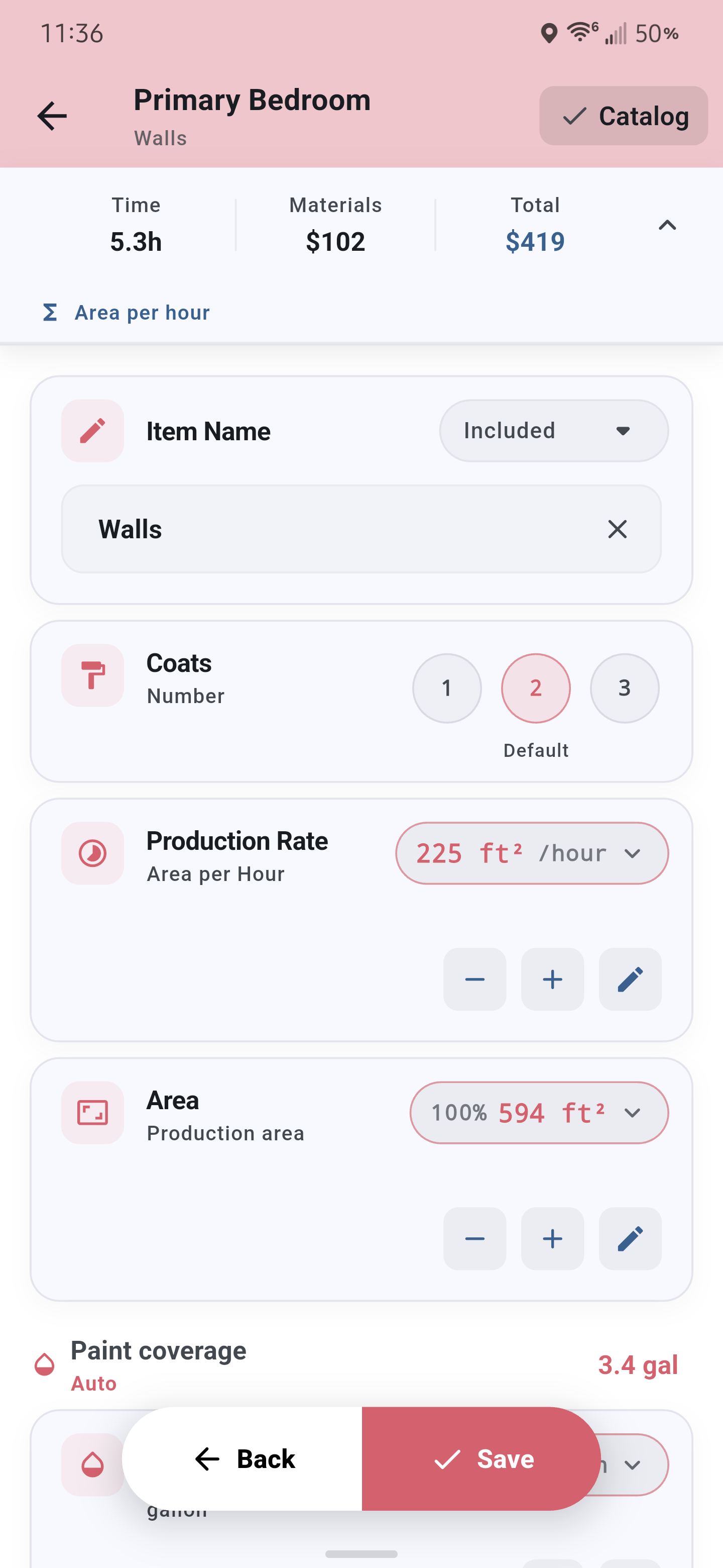 Room estimate details with labor and material calculations