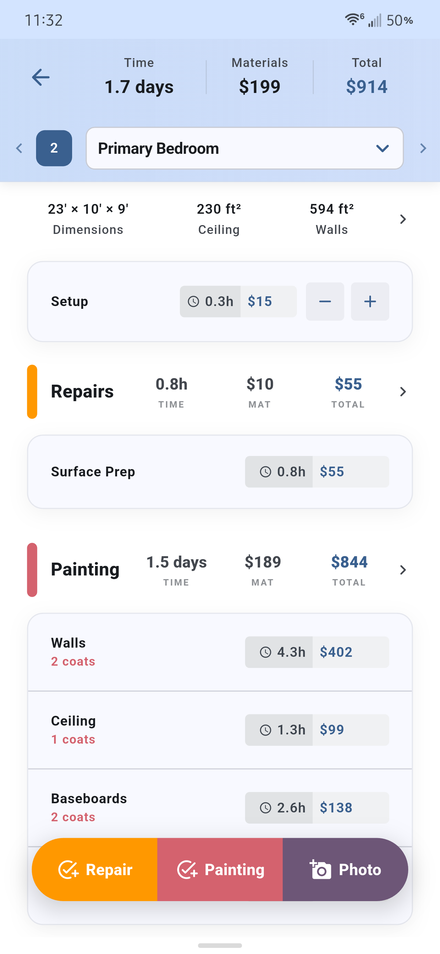 Room editor with dimensions, painting items, and room totals